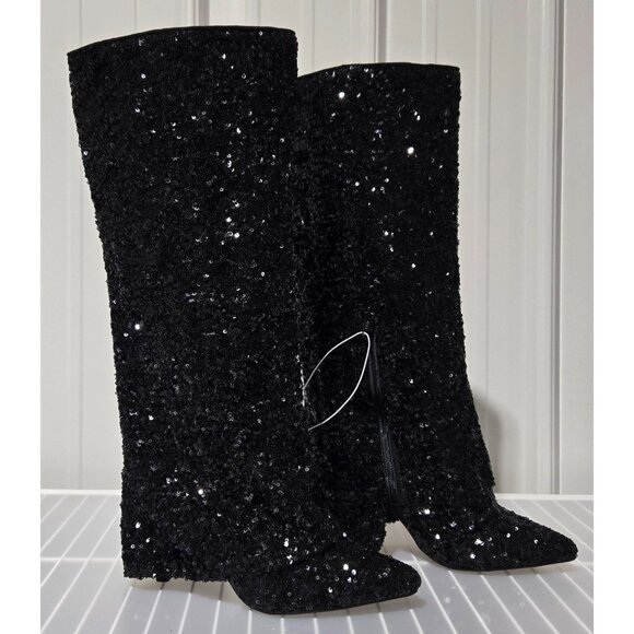 A New Day Abba Black Sequin Covered Foldover Knee High Evening Boots -- Size 8 - Picture 1 of 9